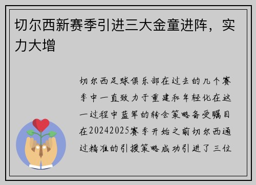切尔西新赛季引进三大金童进阵，实力大增