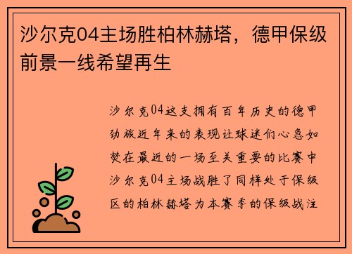沙尔克04主场胜柏林赫塔，德甲保级前景一线希望再生
